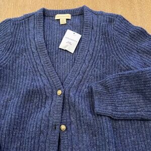 Appleseed's Womens M Blue 100% Wool Cable Knit Cardigan Sweater Gold Buttons NWT